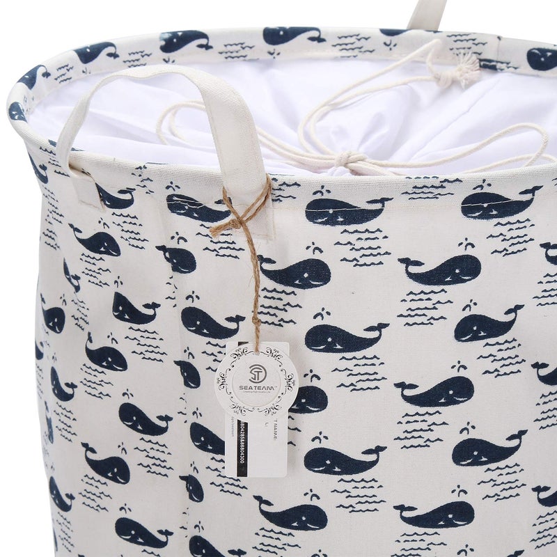 Sea Team 19.7" x 15.7" Large Sized Folding Cylindric Waterproof Coating Canvas Fabric Laundry Hamper Storage Basket with Drawstring Cover, Whale - Image 5